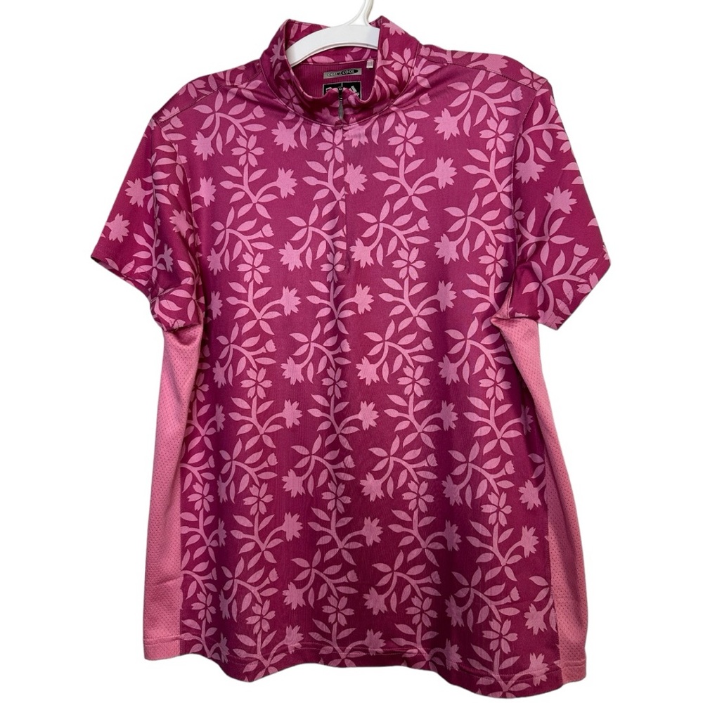 Adidas 1/4 Zip Pink Floral Mock Neck Short Sleeve Pullover Athletic Top Large
